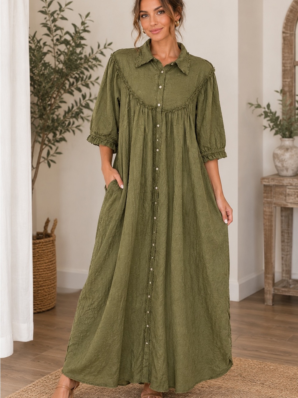 Olive Green Button-Front Maxi Dress with Collar and Pockets